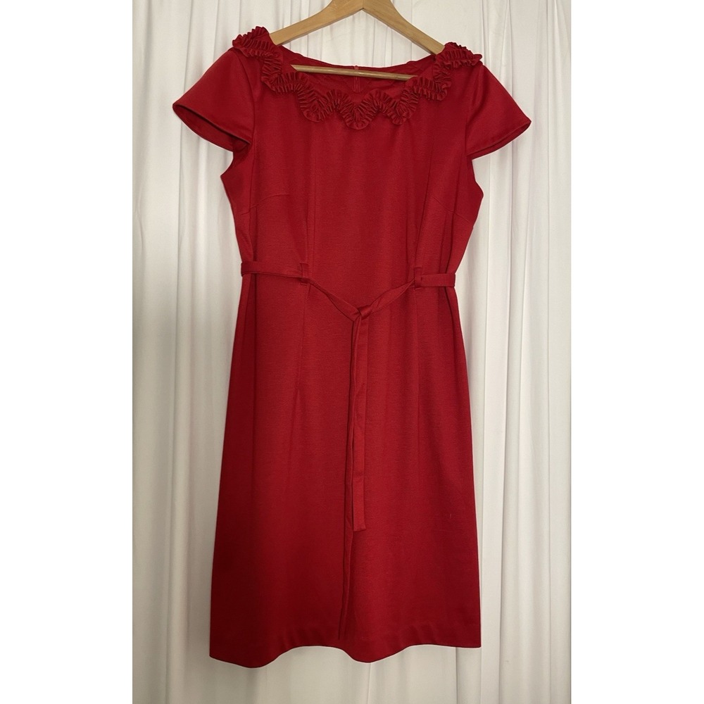 Clari.e. Red Women's Sheath Dress Tie‎ Waist Cap Sleeve Sz 16 Ruffle Collar Knit
